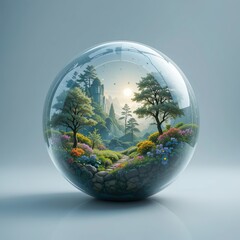 Fantastic Nature Landscape and Flower Field Inside Transparent Glass Sphere
