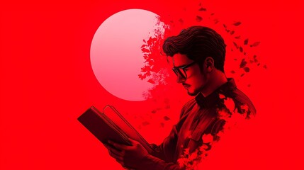 Man reading book, red background, dissolving, sunset