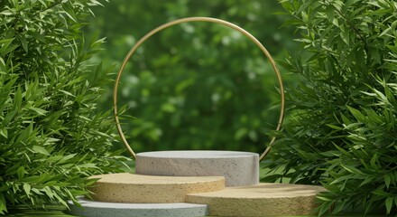 Podium with gold ring surrounded by green foliage nature background.