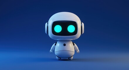 Small white robot with glowing blue eyes stands against a blue background.