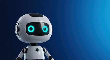 Small white robot with glowing blue eyes on a dark blue background.