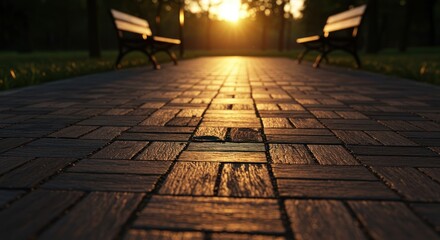 Path with benches in a park at sunset or sunrise.