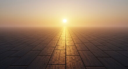 Wooden path leads to bright sun on the horizon under a hazy sky.