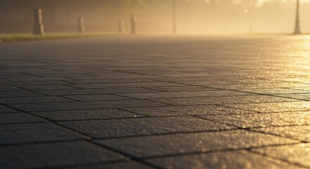 Golden sunlight illuminates a tiled surface with distant posts in the background.