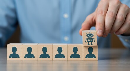 Hand places robot block among human silhouette blocks on light wood surface.