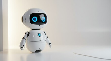 Small white robot with blue eyes stands on a white surface.