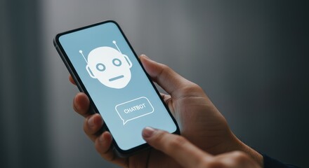 Hand holding smartphone with chatbot interface on screen against a gray background.