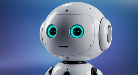 White robot with glowing blue eyes against a blurred blue background.