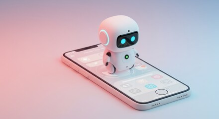 Small robot figure stands on a smartphone screen with a pink and blue background.