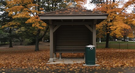 Autumnal Park Shelter with Bench and Trash Can