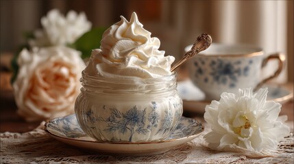 Elegant dessert with floral patterns and whipped cream served in a glass jar with antique spoon, surrounded by Roses in an afternoon tea setting