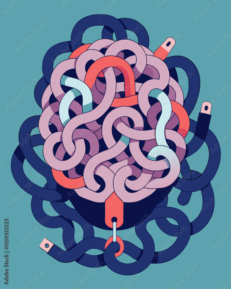Poster an endless maze of chains and locks tangled around a brain showing the complexity and confusion of m