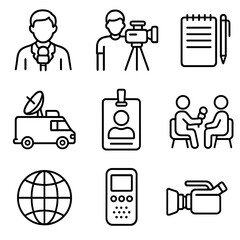 Journalism Line Icons. Line style icons of news and journalism: reporter with mic, camera crew, notepad and pen, live news van,