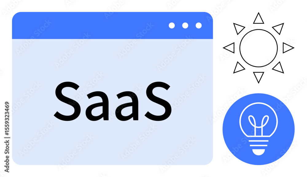 Poster saas text inside a browser-style window accompanied by a sun indicating inspiration and lightbulb ic