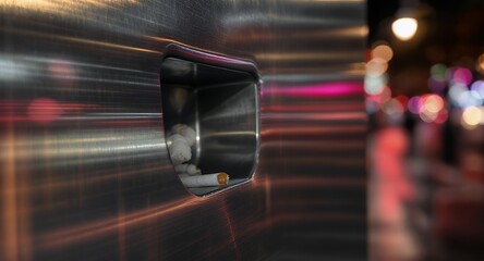 Closeup of Cigarette Butts in a Metal Receptacle at Night