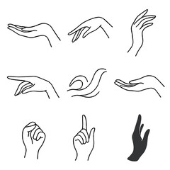 Graceful Hand Icons. Line style icons of graceful hand movements: open palm upward, fingers gently curved, poised hand with soft