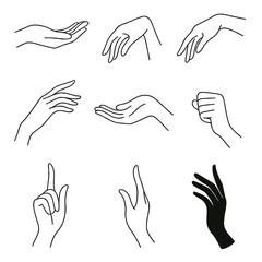 Graceful Hand Icons. Line style icons of graceful hand movements: open palm upward, fingers gently curved, poised hand with soft