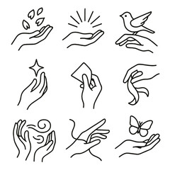 Line Style Hand Icons. Line style icons of storytelling pair hands: hands with falling petals, floating hand with light rays, hand
