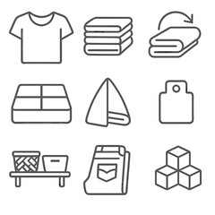 Organized Closet Icons. Line style icons of folding and organizing: folded t-shirt, organized stack of clothes, towel fold symbol,