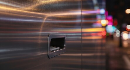 Night Cityscape Reflection on Metal Surface with Recessed Compartment