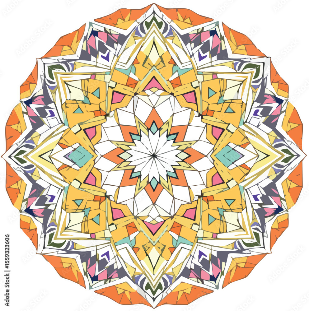 Poster colorful abstract mandala design with geometric shapes and unique artistic patterns.