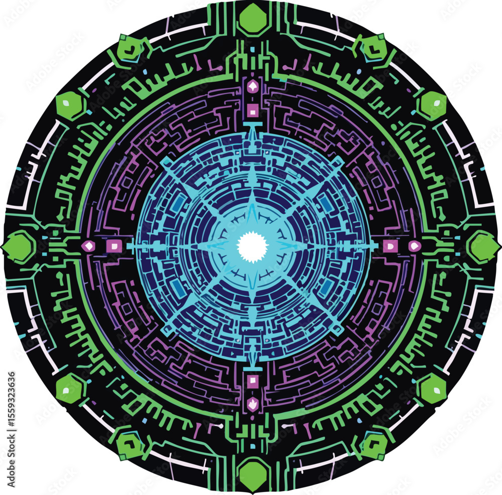 Poster circular abstract design in bright colors with futuristic lines and digital elements.