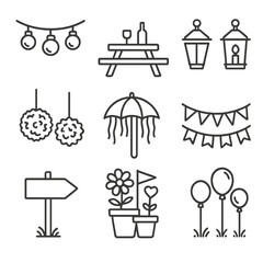 Outdoor Party Icons. Line style icons of outdoor party decorations: hanging garden lights, picnic table setup, garden lanterns,