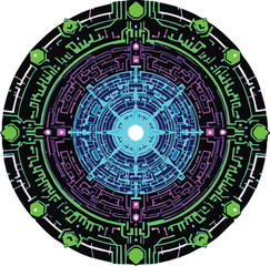 Circular abstract design in bright colors with futuristic lines and digital elements.