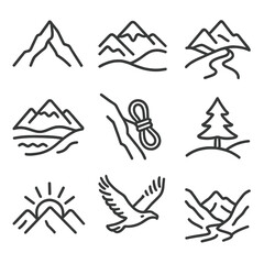 Mountain Line Art. Line style icons of mountain landscapes: mountain peak, snow-capped ridge, hiking trail, mountain lake,