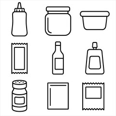 Condiment Packaging Icons. Line style icons of condiments and sauces packaging: squeeze bottle, glass sauce jar, dip tub,