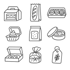 Bakery Packaging Icons. Line style icons of bakery packaging: cake box, bread bag, pastry tray, cupcake clamshell, clear window