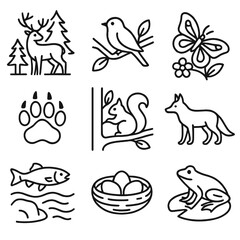 Line Style Wildlife Icons. Line style icons of wildlife and habitat: deer in forest, bird on branch, butterfly over flower, fish