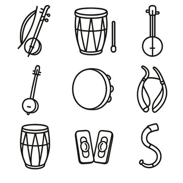 Folk Indian Instruments Icons. Line style icons of folk Indian instruments: ravanahatha, chenda, tumbi, ektara, dafli, dhak, dhol,