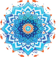 Colorful mandala illustration featuring aquatic motifs such as fish and bubbles on white background.