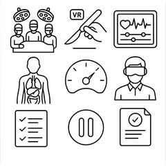 VR Medical Training Icons. Outline style icons of VR Medical Training: operating room scene, virtual scalpel, vitals monitor HUD,