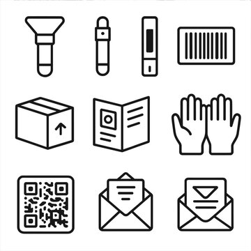Home Lab Test Icons. Outline style icons of Home Lab Testing Kits: saliva tube, lancet device, test strip, barcode label, sample