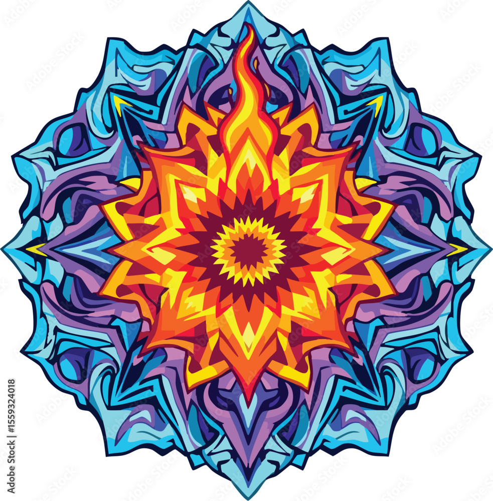 Poster vibrant and colorful mandala design featuring fire element and intricate patterns.