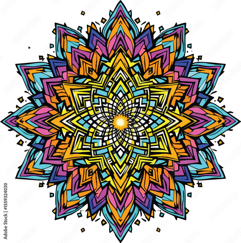 Poster vibrant and intricate mandala design with colorful geometric patterns and detailed artistic elements