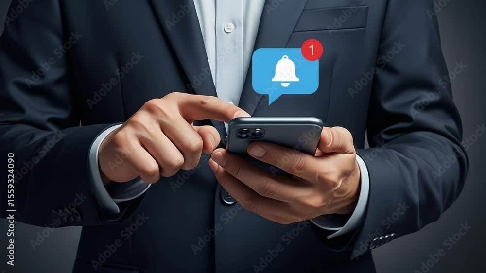 Fototapete a person in a suit holding a smartphone with a notification bell icon on the screen display view