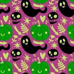 Autumn harvest vegetable seamless monster Halloween pumpkins pattern for wrapping paper and fabrics