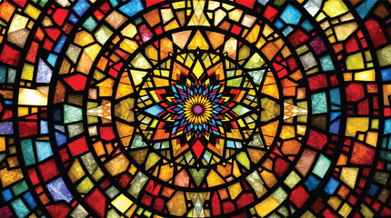 Vibrant and intricate mandala design created with colorful stained glass elements.