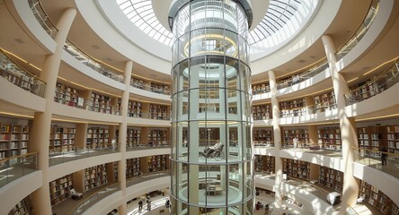 Modern Library Interior with Glass Elevator and Bookshelves