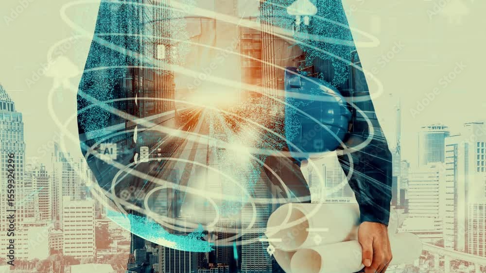 Poster future building construction and inventive engineering project concept with hud hologram graphic des