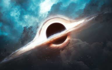 Black Hole with Glowing Accretion Disk in Deep Space &mdash; A dark singularity is surrounded by a swirling disk of luminous gas and dust, set against a distant backdrop of stars and nebulae