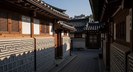 Narrow alleyway with traditional Asian architecture and patterned walls