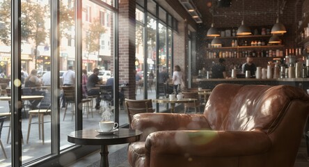 Warm Coffee Shop Interior with Leather Armchair and City View