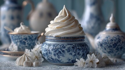 Elegant dessert with floral patterns and whipped cream served in a glass jar with antique spoon, surrounded by Roses in an afternoon tea setting