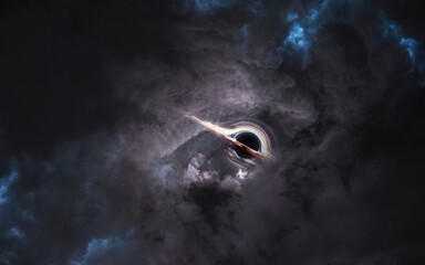 Black Hole with Swirling Purple Accretion Disk &mdash; A dark void dominates the center, surrounded by spiraling clouds of violet and blue gas. Light bends around the black hole