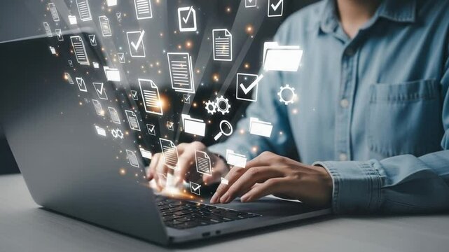 Person typing on laptop with digital document icons floating above the keyboard and screen area