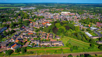 Aerial panorama view of the city Beilen in the Netherlands on a sunny morning in summer